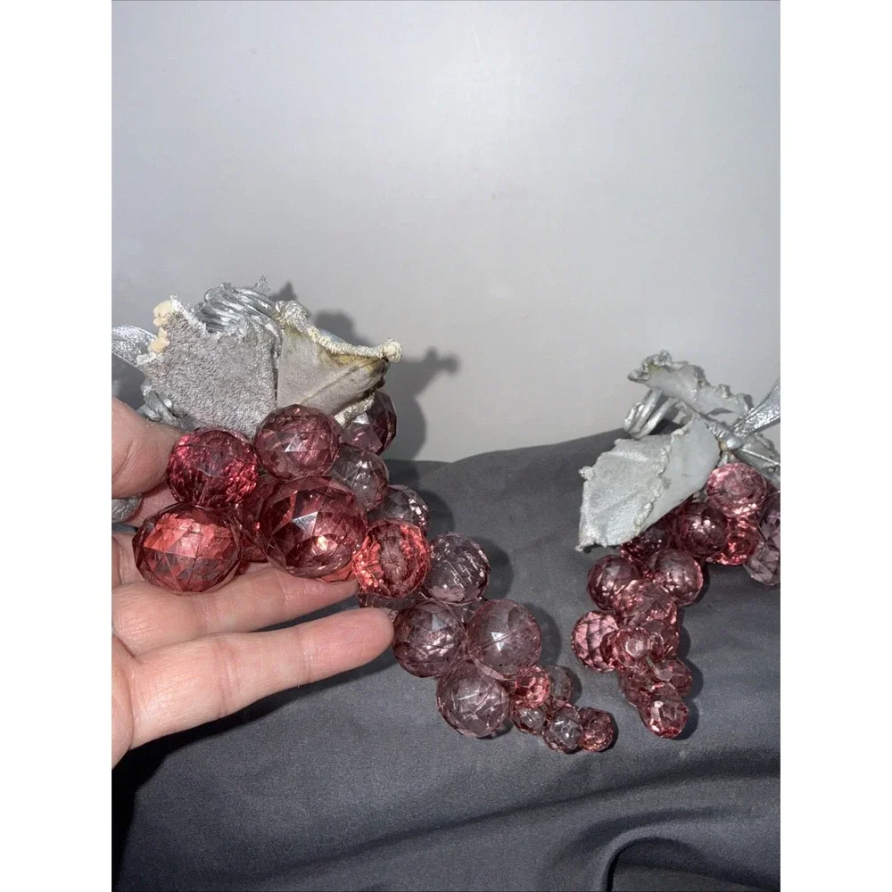VTG Lucite Acrylic Faceted Grape Cluster Pinkish Silver Leaf Lot of 2